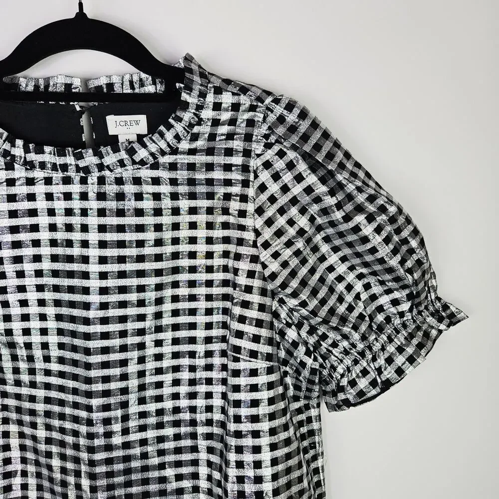 J.Crew Metallic Gingham Checkered Puff Sleeve Blouse Top Medium Boxy Holiday